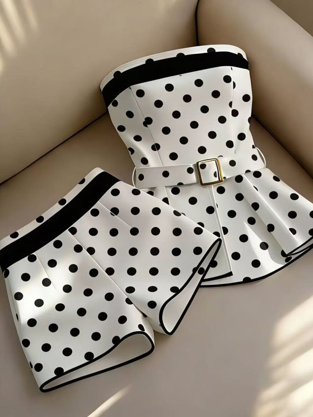 Black And White Casual Women's Polka Dot Bandeau Top And Shorts Outfit